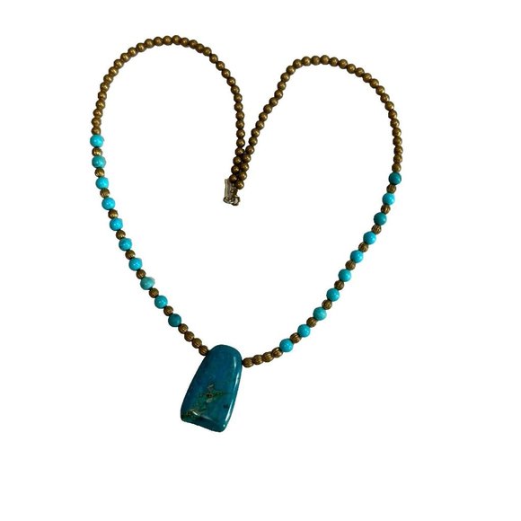 Southwestern Blue Phoenix Stone Faux Turquoise Brass Beaded Necklace - Picture 4 of 7
